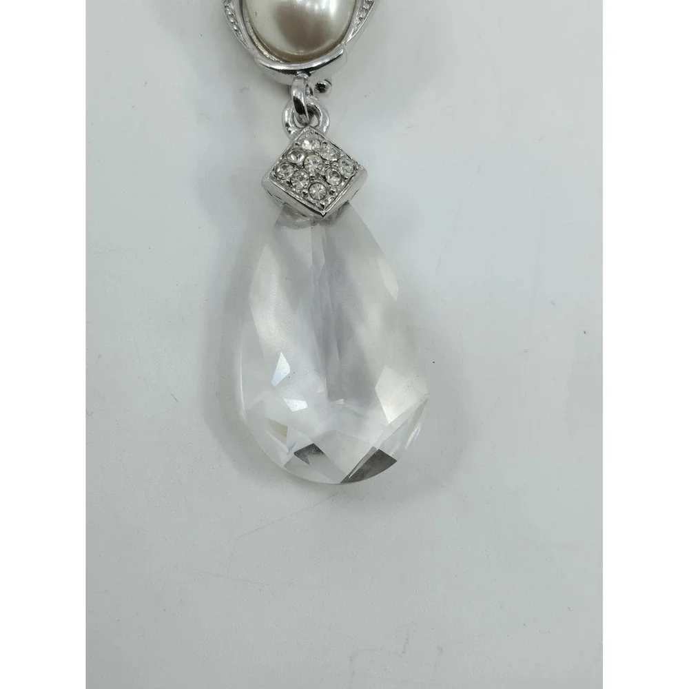 Vintage Signed Craft Silver Tone Faux Pearl Rhinestone Teardrop Crystal Brooch